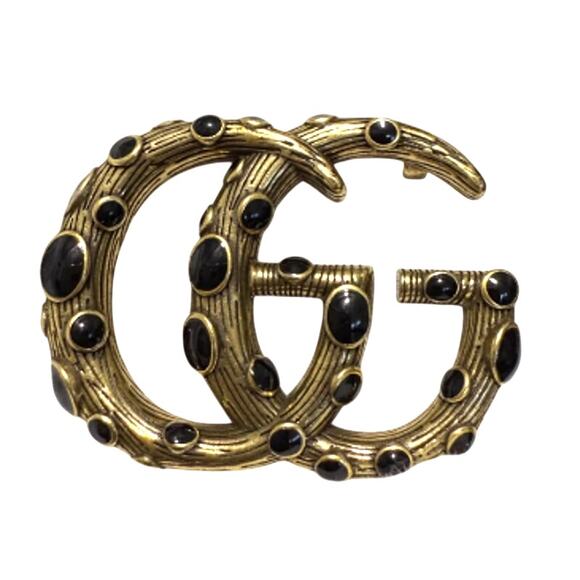 Gucci Deep Gold Onyx Black Spotted GG Brooch Pin (GGXX009) - Picture 1 of 6